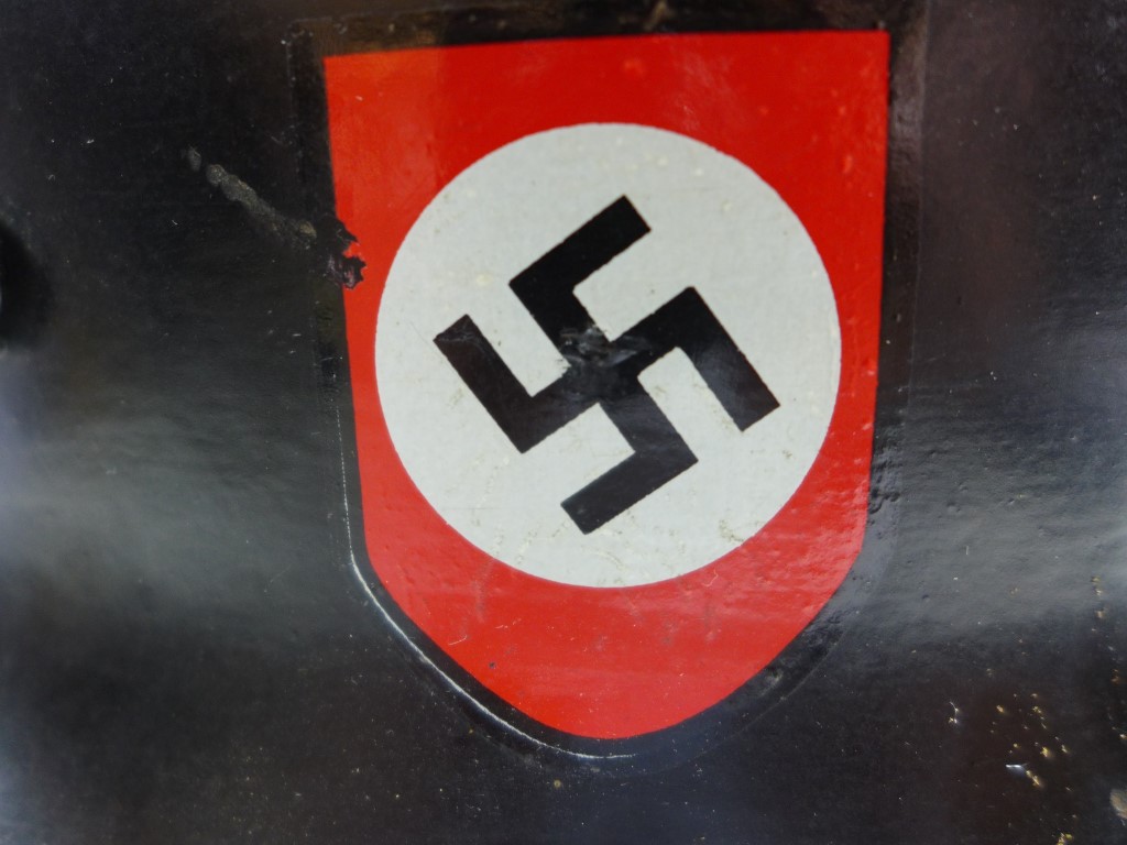 A GERMAN BLACK PAINTED METAL HELMET WITH SS RUNES AND SWASTIKA DECALS - Image 8 of 8