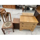 A LIGHT OAK DRESSING TABLE, DINING CHAIR AND A BEDSIDE LOCKER