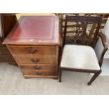 A MAHOGANY TWO DRAWER FILING CABINET WITH RED LEATHER TOP AND A MAHOGANY CARVER DINING CHAIR