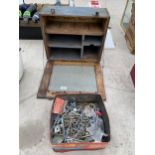 A VINTAGE JOINERS CHEST AND AN ASSORTMENT OF HARDWARE
