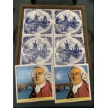 A VINTAGE DELFT FOUR TILE SERVING TRAY AND TWO JAMES BRINDLEY TILES