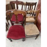 A PAIR OF VICTORIAN MAHOGANY DINING CHAIRS AND TWO OAK RUSH SEATED DINING CHAIRS