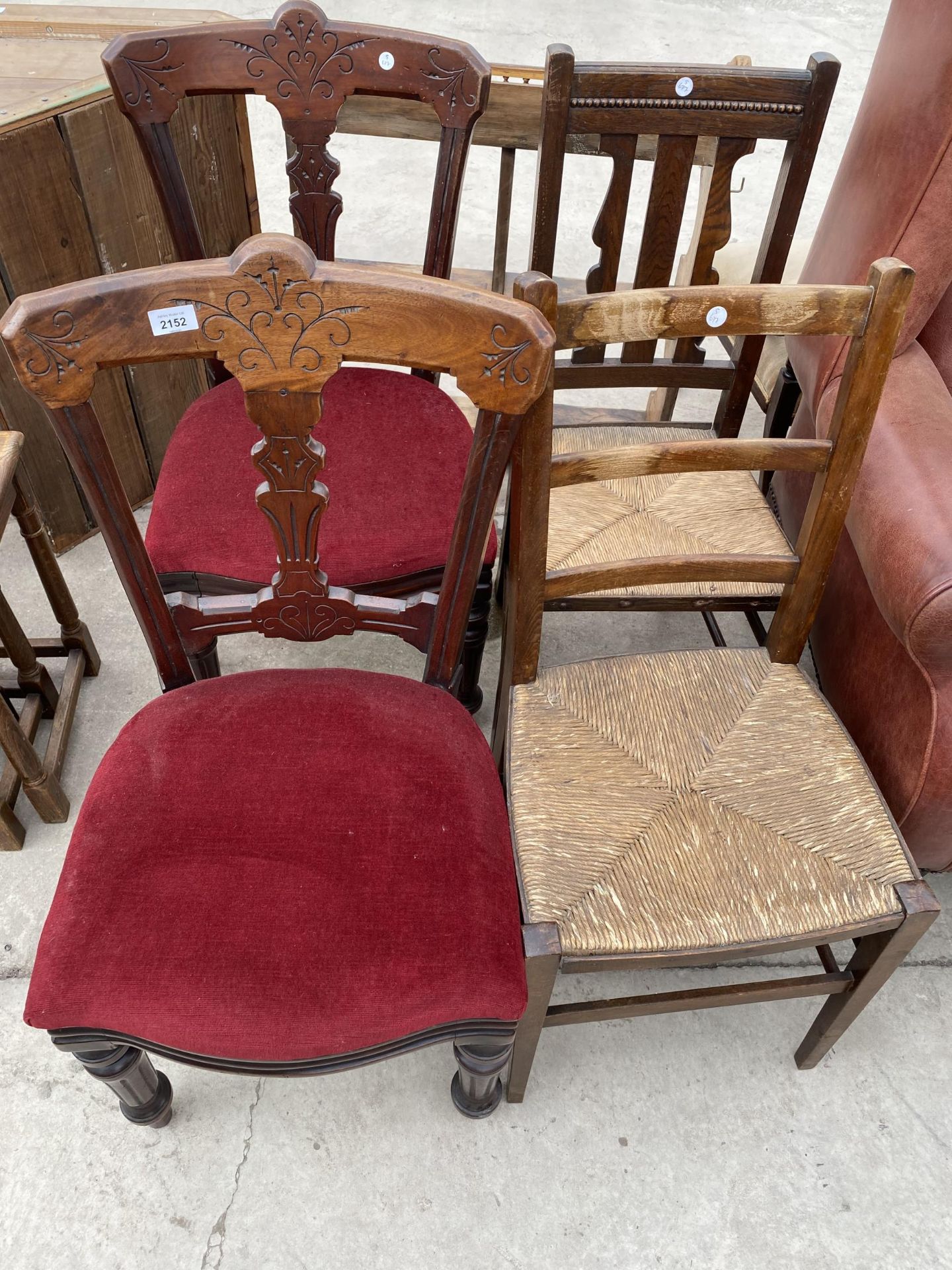 A PAIR OF VICTORIAN MAHOGANY DINING CHAIRS AND TWO OAK RUSH SEATED DINING CHAIRS