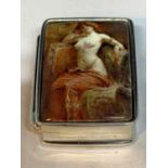 A MARKED SILVER PILL BOX WITH AN ENAMEL EROTIC DESIGN TOP