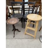 TWO KITCHEN CHAIRS, AND A TRIPOD WINE TABLE AND STOOL