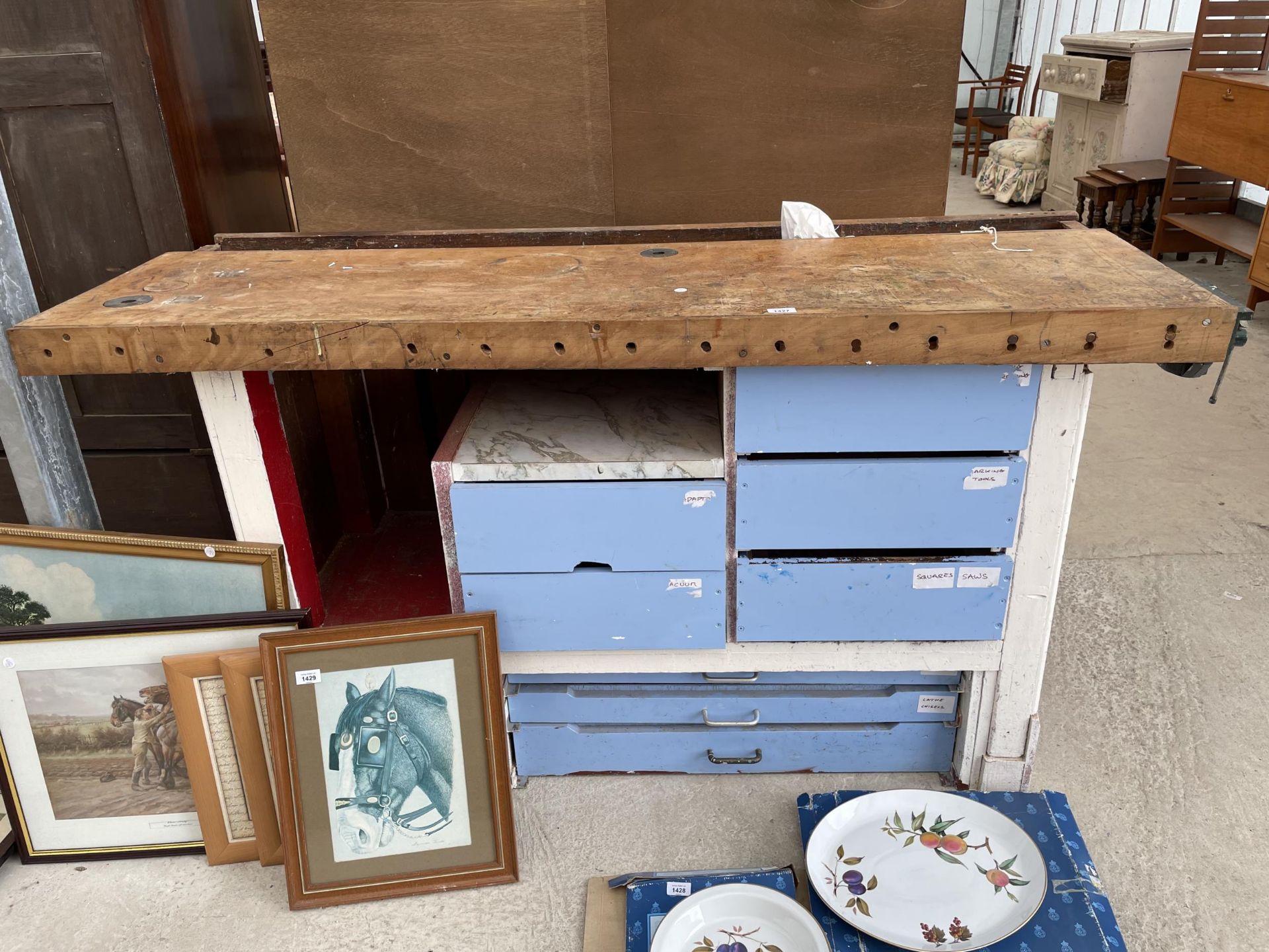 A VINTAGE PAINTED WORK BENCH WITH SMALL VICE AND LOWER DRAWER UNITS