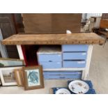 A VINTAGE PAINTED WORK BENCH WITH SMALL VICE AND LOWER DRAWER UNITS