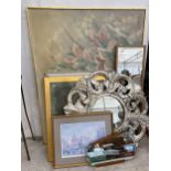 AN ASSORTMENT OF FRAMED PRINTS, PICTURES AND MIRRORS ETC