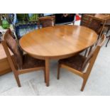 A RETRO TEAK EXTENDING DINING TABLE 62"X43" WITH AN EXTENDING LEAF AT 18" AND FOUR CHAIRS