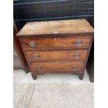 A 19TH CENTURY MAHOGANY CHEST OF THREE LONG DRAWERS 33.5" WIDE