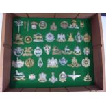 A GLAZED DISPLAY CASE CONTAINING THIRTY NINE BRITISH ARMY CAP BADGES, 24CM X 40CM