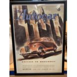 A FRAMED 'THE AUTOCAR' AUSTIN BRITAIN TO BROADWAY POSTER MAY 14TH 1948 44CM X 31.5CM