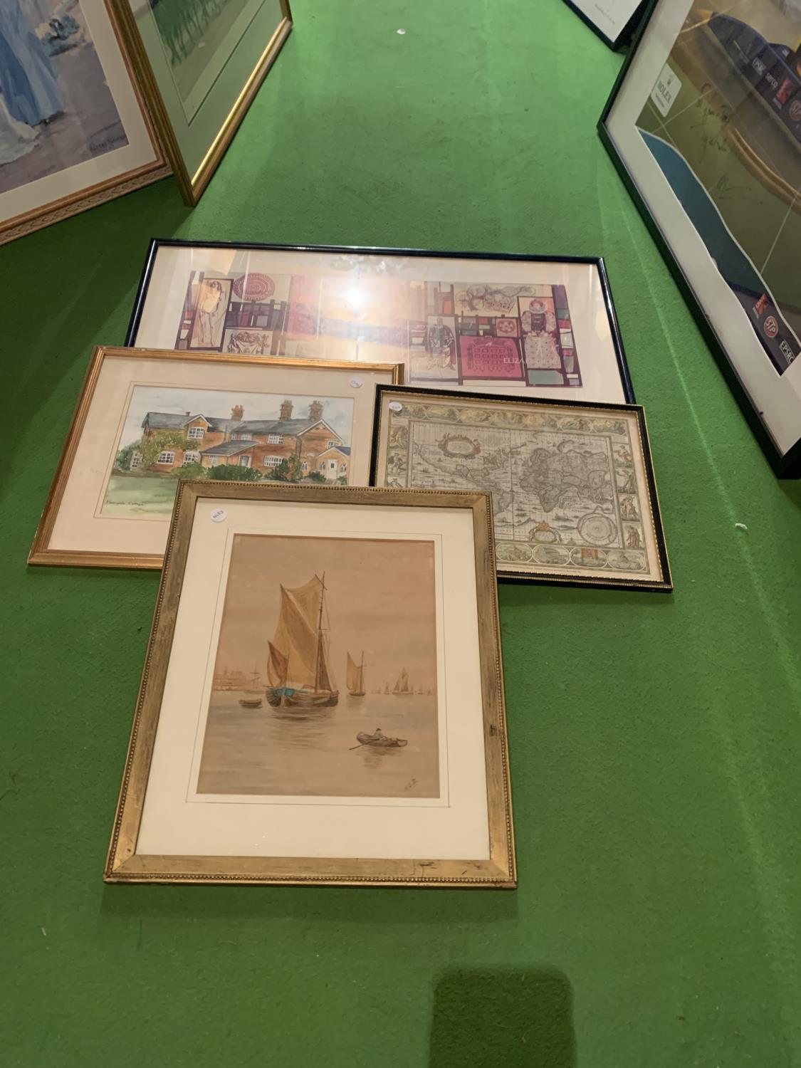 TWO FRAMED PRINTS AND TWO FRAMED WATERCOLOURS