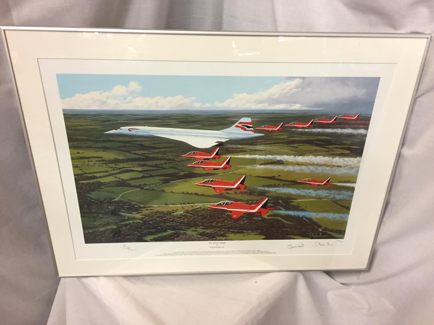 A FRAMED SIGNED LIMITED EDITION 200/400 COLONIAL PRINT OF THE JUBILEE FLIGHT BY STEPHEN BROWN 39CM X