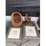 AN ASSORTMENT OF ITEMS TO INCLUDE TWO FRAMED PRINTS, A WICKER BASKET AND AN AUSTIN SCULPTURE