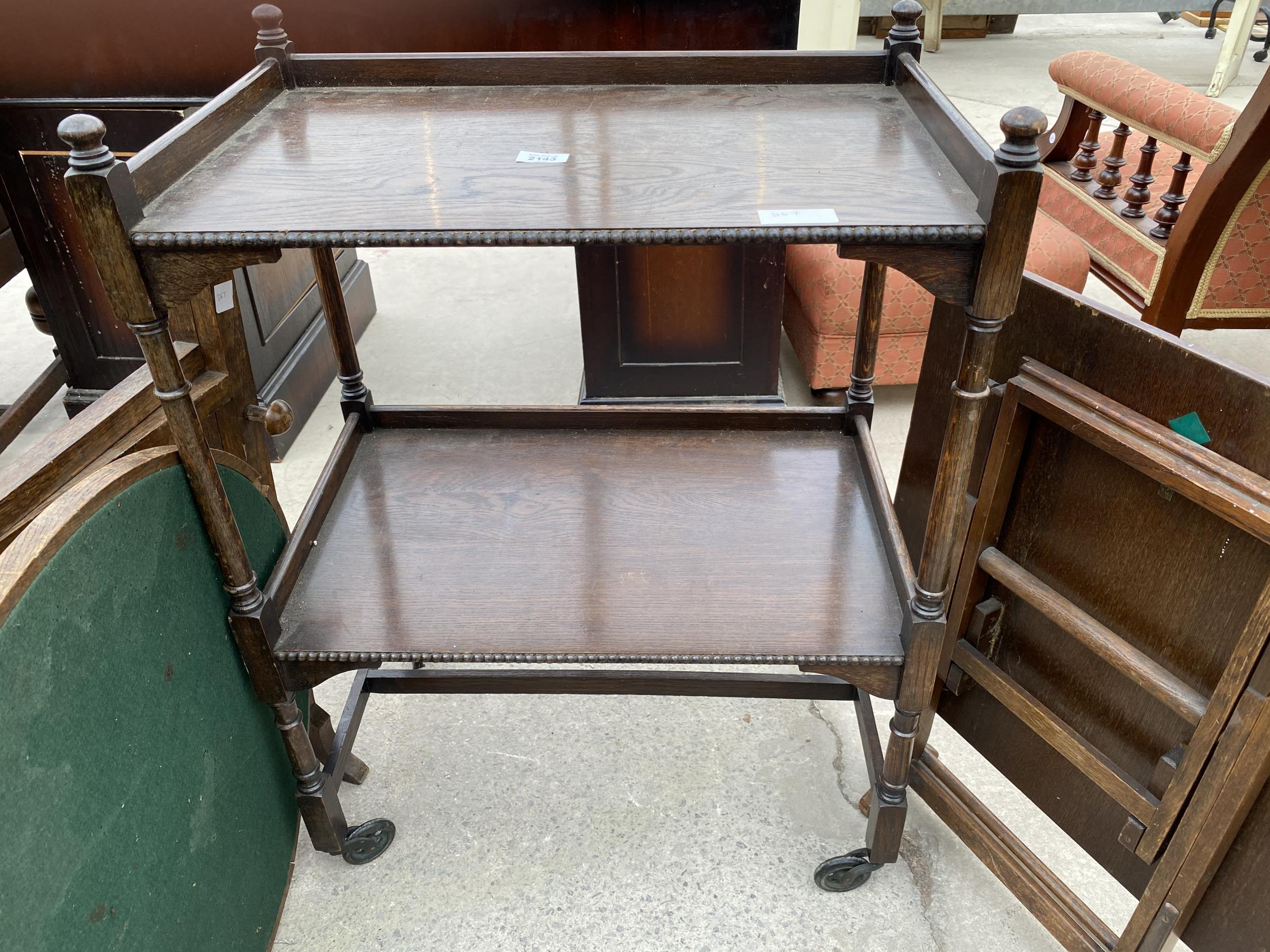 A 'REVERTABLE' PATENT CARD TABLE, FOLDING OCCASSION TABLE, OAK TEA TROLLEY AND LOW CHILDS CHAIR - Image 2 of 6