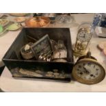 A TIN OF CLOCK PARTS TO INCLUDE CLOCKS AND COSTUME JEWELLERY