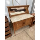 A VICTORIAN SATINWOOD MARBLE TOP WASHSTAND WITH MIRROR-BACK, 42" WIDE