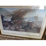 A LARGED FRAMED AND GLAZED COLOUR PRINT OF THE DEFENCE OF RORKE'S DRIFT, 22-23RD JANUARY 1879 WITH