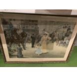 A FRAMED PRINT OF A VICTORIAN STREET SCENE SIZE 89CM X 66CM