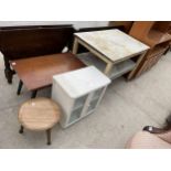 A TWO TIER 1950'S TABLE, TAK COFFEE TABLE, TWO DOOR GLAZED CABINET AND 1970'S STOOL