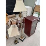 A STANDARD LAMP, TABLE LAMP AND STEREO CABINET