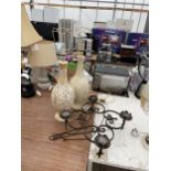 TWO DECORATIVE TABLE LAMPS AND A HANGING CANDLE HOLDER