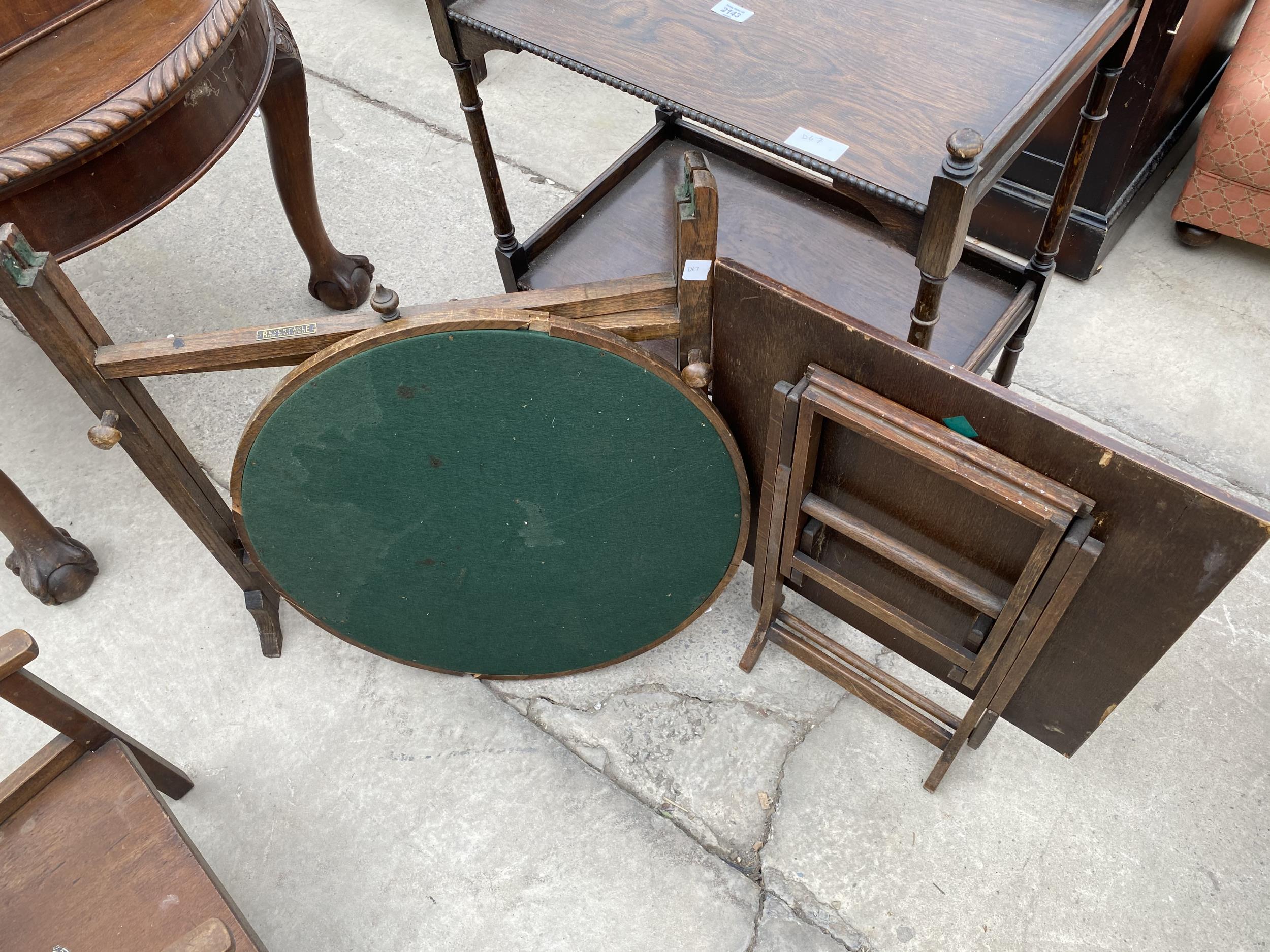 A 'REVERTABLE' PATENT CARD TABLE, FOLDING OCCASSION TABLE, OAK TEA TROLLEY AND LOW CHILDS CHAIR - Image 4 of 6