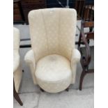 A CIRCULAR SPRUNG AND UPHOLSTERED HIGH BACK BEDROOM CHAIR