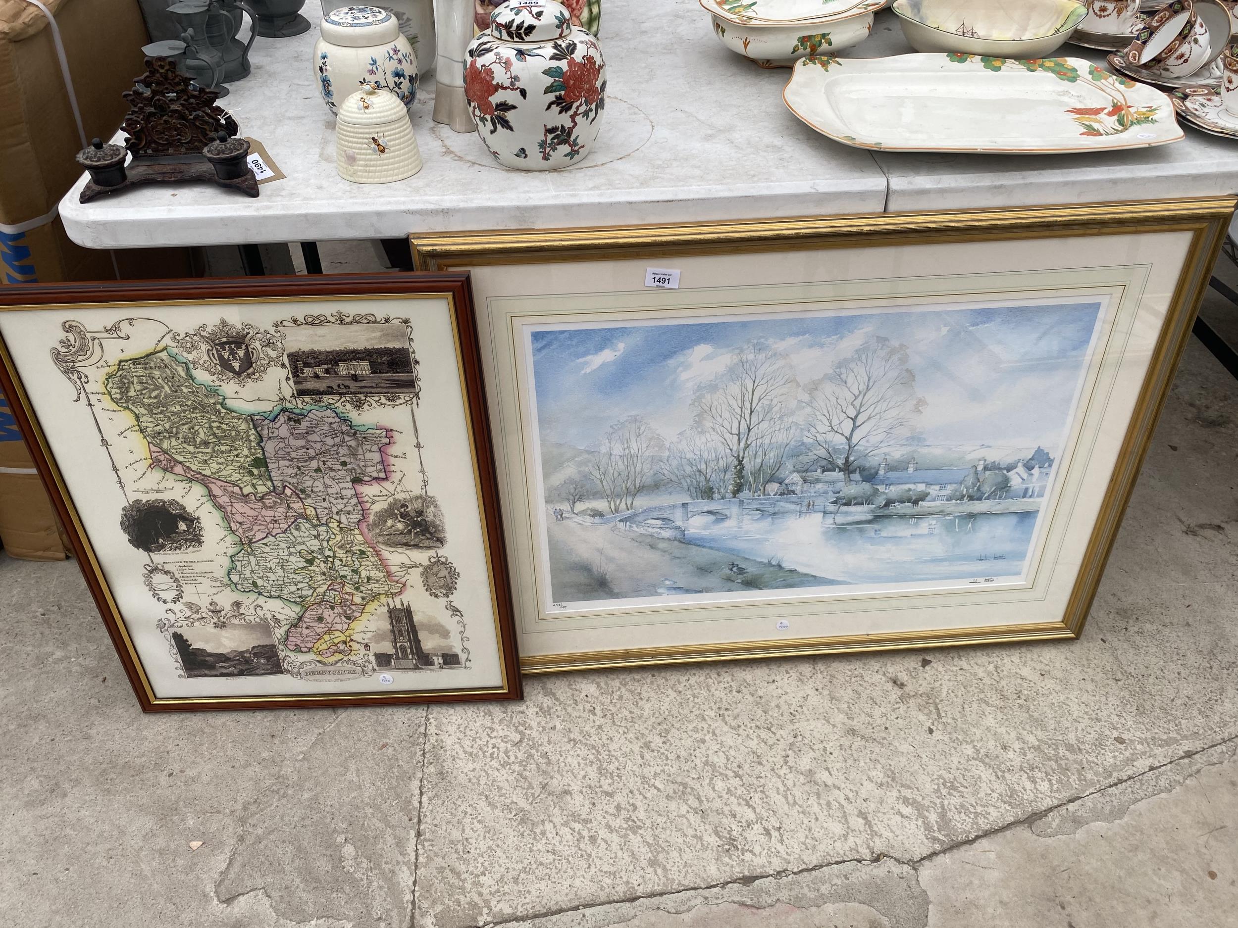 TWO FRAMED PRINTS TO INCLUDE A MAP OF DERBYSHIRE