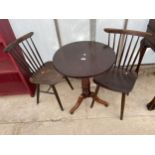 A PAIR OF ERCOL STYLE DINING CHAIRS STAMPED 'DREVOUNIA (CZECHOSLOVAKIA)' AND A TRIPOD TABLE