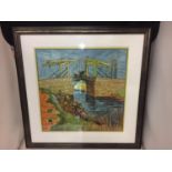A MOUNTED AND FRAMED PRINT OF A RIVER SCENE WITH A BRIDGE CROSSING