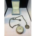 A HALLMARKED LONDON SILVER POCKET WATCH WITH ALBERT CHAIN AND FOBS IN A PRESENTATION BOX