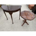 AN ITALIAN INLAID TRIPOD TABLE 20.5" DIAMETER AND A DEMI-LUNE HALL TABLE 30" WIDE