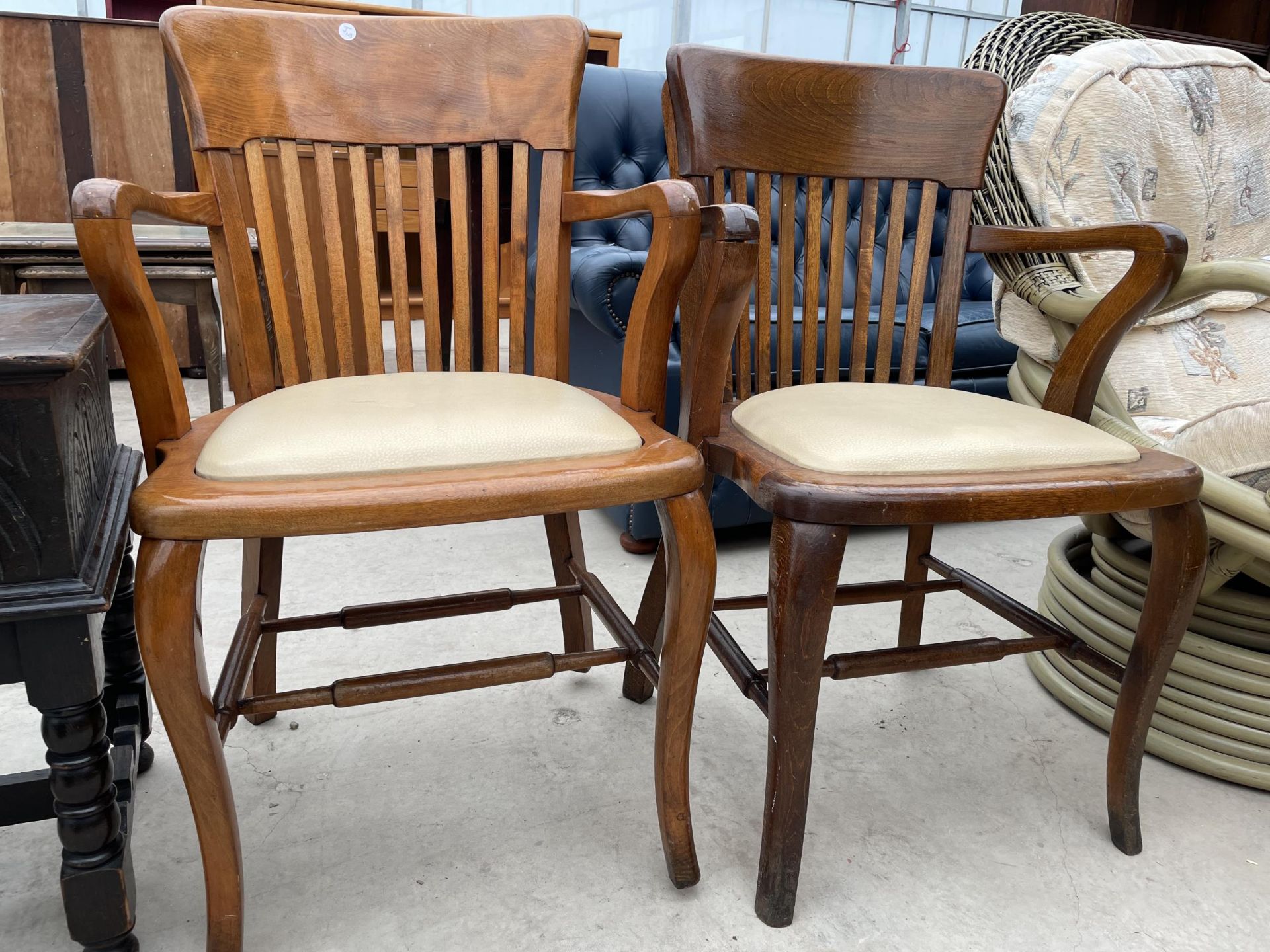 TWO EARLY 20TH CENTURY OAK AND BEECH OFFICE ELBOW CHAIRS - Image 2 of 4