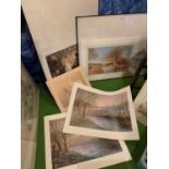 A LARGE QUANTITY OF MOUNTED AND UNMOUNTED PRINTS TO INCLUDE A RIVER SCENE, THE WEDDING MORNING, A