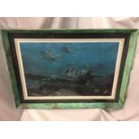 A FRAMED AND SIGNED LIMITED EDITION 528/750 COLOURED PRINT OF A WORLD WAR 11 SUBMERGED FIGHTER PLANE