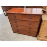 A VICTORIAN MAHOGANY CHEST OF TWO SHORT AND THREE LONG DRAWERS, 42" WIDE, WITH CANTED CORNERS