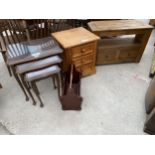 A NEST OF THREE TABLES, A MAGAZINE RACK, A PINE THREE DRAWER CHEST 18.5" WIDE AND A TV/VIDEO STAND