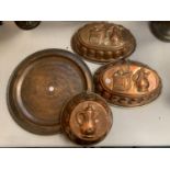 A COLLECTION OF FOUR COPPER ITEMS TO INCLUDE A 'WELLENS WARE' CHARGER 36.6CM DIAMETER TOGETHER