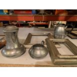 TWO METAL PICTURE FRAMES AND THREE PIECES OF HAND HAMMERED PEWTER