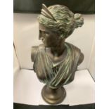 A LARGE BRONZE EFFECT STONE BUST OF 'DIANA' 53CM HEIGHT