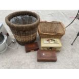 AN ASSORTMENT OF WICKER BASKETS AND TREEN BOXES