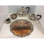 A BRITANNIA METAL PLATED TEA AND COFFEE POT SET WITH MILK JUG, SUGAR BOWL AND TRAY