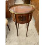 AN OVAL LOUIS XVI STYLE WALNUT SIDE TABLE WITH THREE SMALL DRAWERS, BRASS PIERCED GALLERY AND