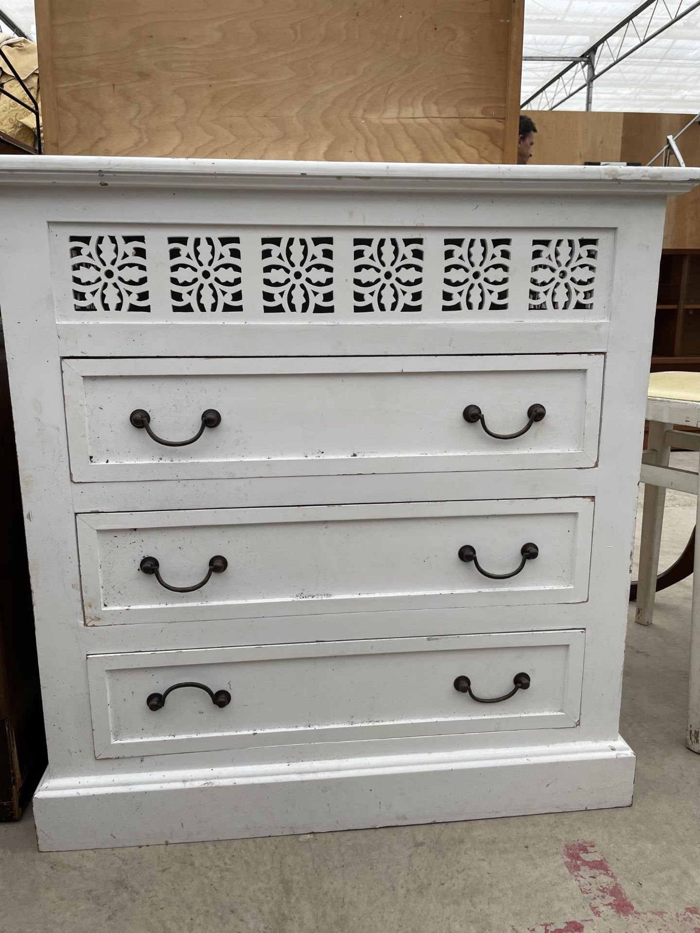 A WHITE PAINTED CHEST OF THREE DRAWERS WITH PIERCED FRETWORK FRONT - 30" WIDE - Image 2 of 2