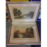 TWO LARGE FRAMED PRINTS OF VINTAGE SCENES INCLUDING CATTLE IN A RIVER SETTING