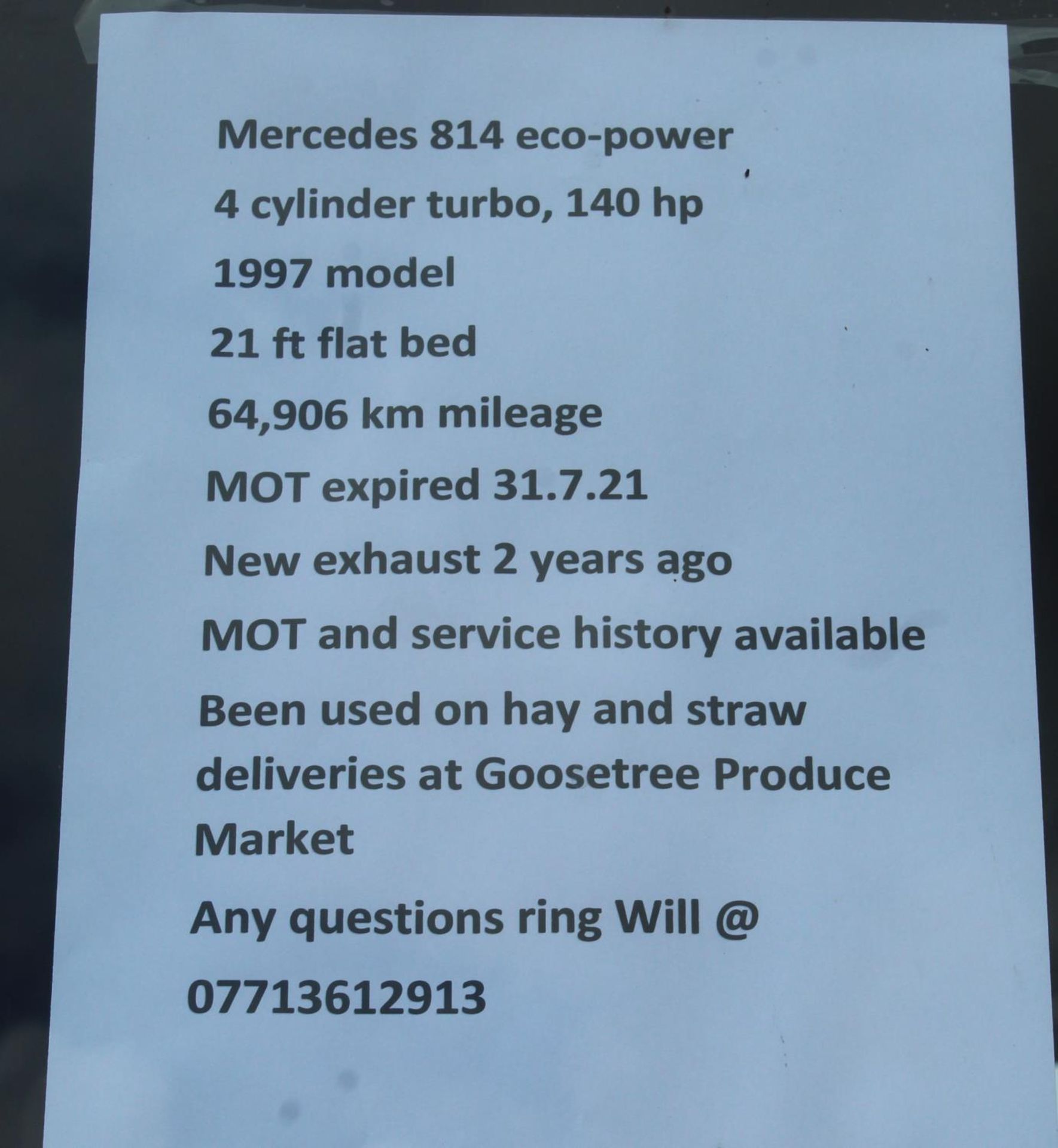 1997 MERCEDES 814 ECO-POWER R709NAM 4 CYLINDER TURBO 140HP 1997 64906 KILOMETERS MOT 31/7/21 NEW - Image 5 of 5