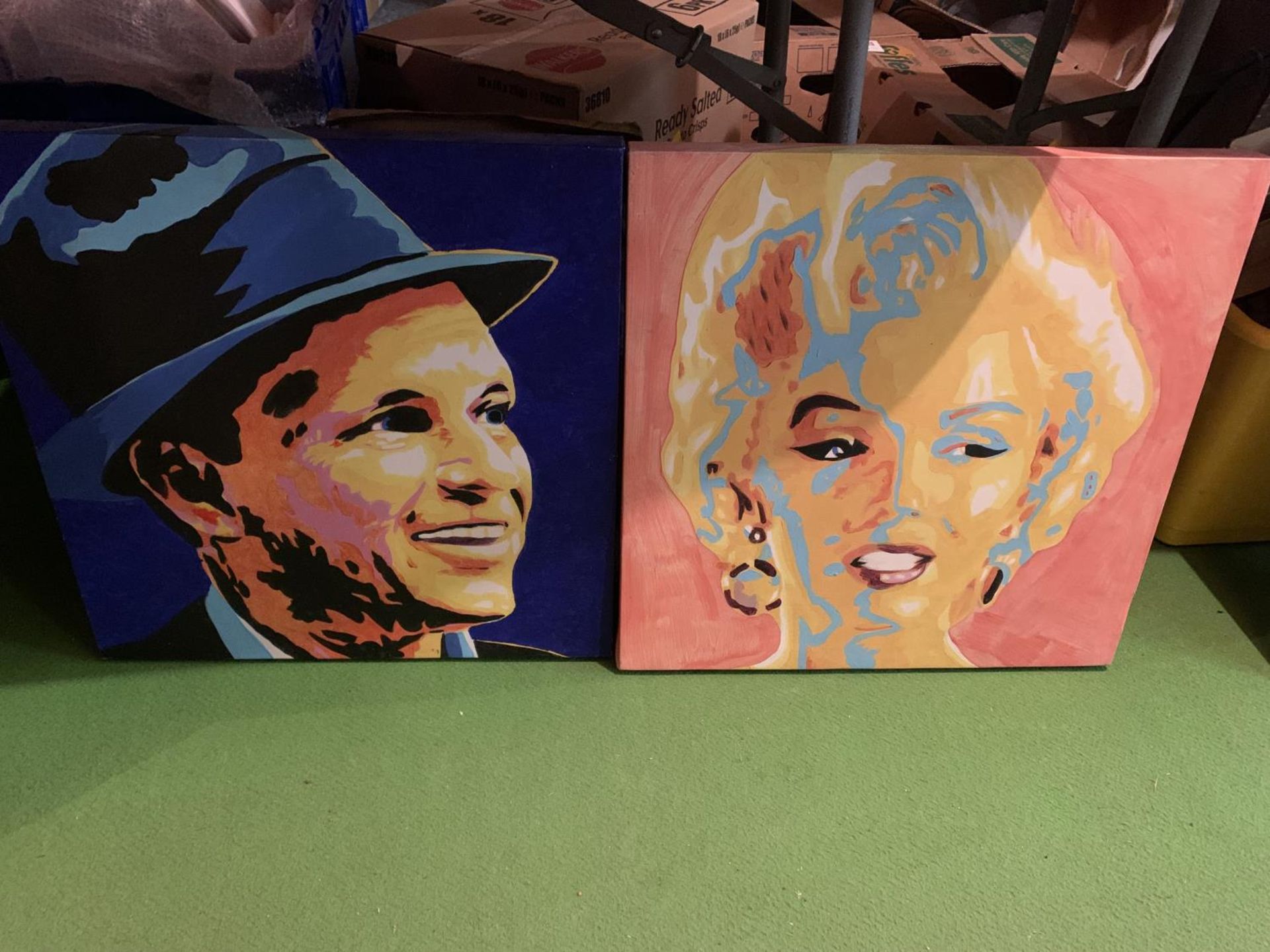 TWO ABSTRACT ART CANVASES SHOWING MARILYN MUNROE AND FRANK SINATRA