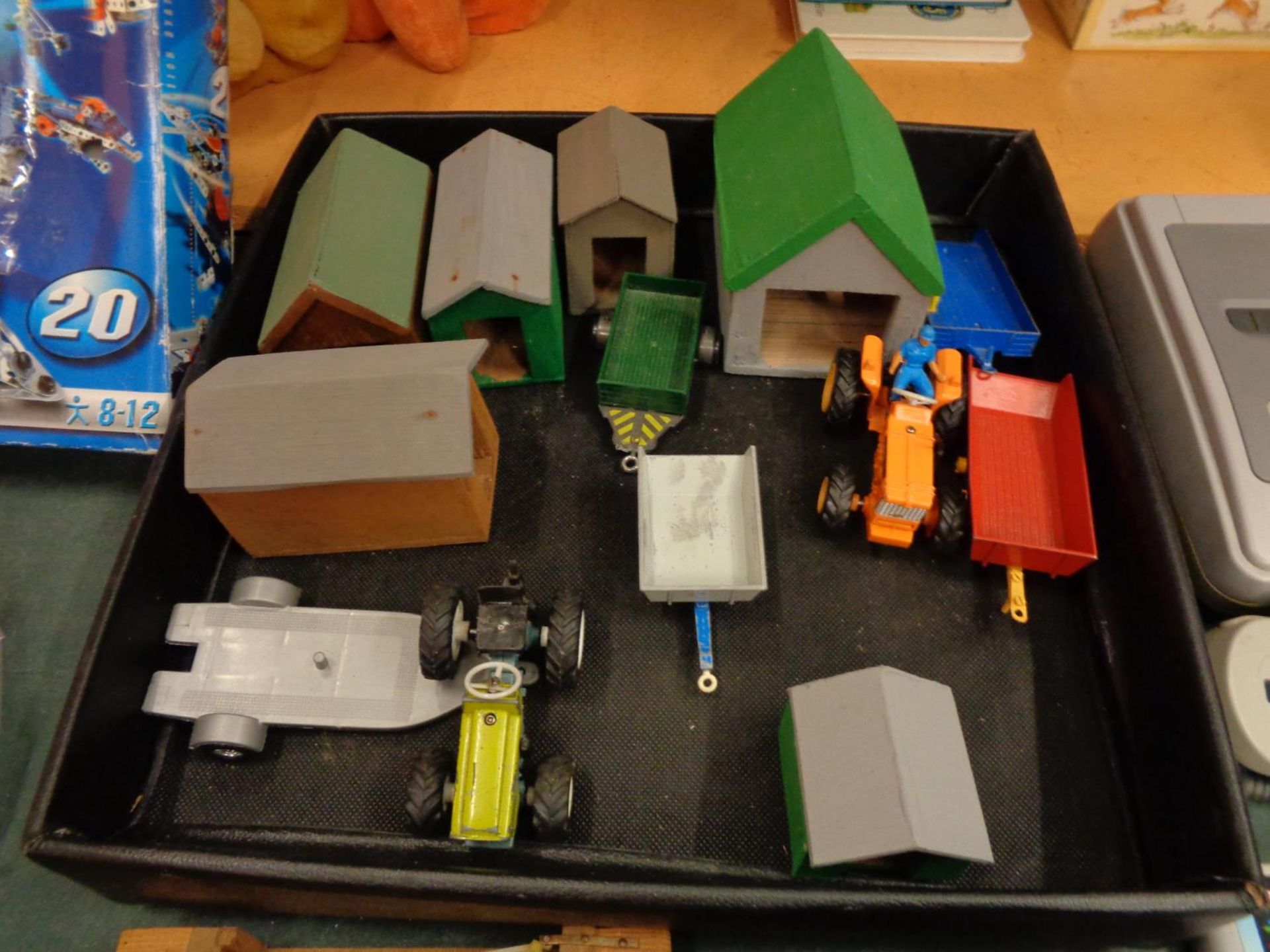 A WOODEN FARM YARD WITH BUILDINGS TO INCLUDE VEHICLES- A TRACTOR AND TRAILERS, CARAVAN,CAR - Image 4 of 4